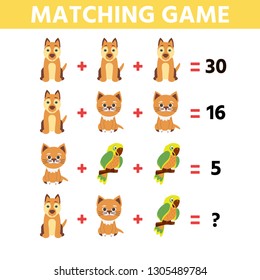 Math educational game for children.  Children funny riddle entertainment. Find right answer. Game tasks for attention