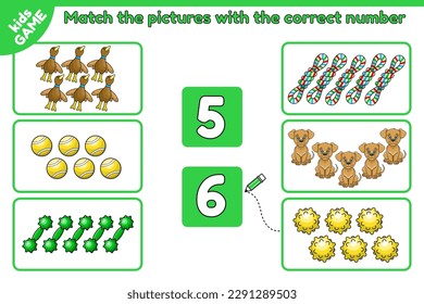 Math educational game for children. Match the pictures with the correct number. Activity for kids. Worksheet for kindergarten and preschool. Cartoon puppies and dog toys. Isolated vector illustration.