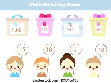 Math educational game for children. Matching mathematics activity. Counting game for kids.