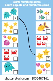 Math educational game for children. Matching mathematics activity. Counting game for kids with sealife animals