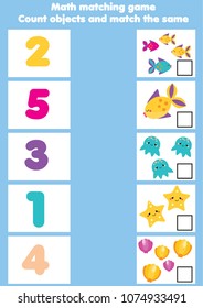 Math educational game for children. Matching mathematics activity. Counting game for kids with sealife