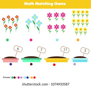 Math educational game for children. Matching mathematics activity. Counting game for kids with garden flowers