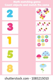 Math educational game for children. Matching mathematics activity. Counting game for kids, learning numbers
