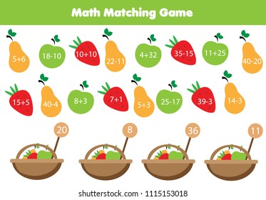 Math educational game for children. Matching mathematics activity. Counting fruits for kids.