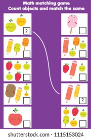 Math educational game for children. Matching mathematics activity. Counting objects for kids