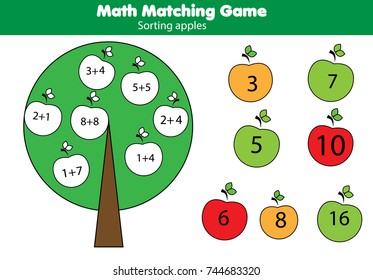 Math educational game for children. Matching mathematics activity with apples. Counting game for kids. Study addition