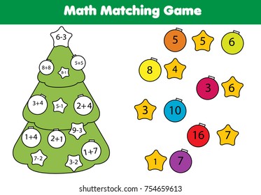 Math educational game for children. Matching mathematics activity with New year tree. Counting game for kids. Christmas holidays theme