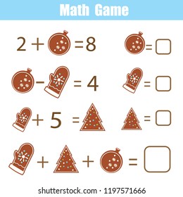 Math educational game for children. Solve equations. Study subtraction and addition. Mathematics worksheet for kids New Year and Christmas theme