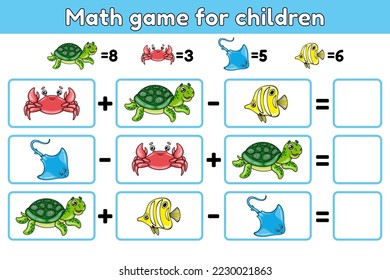 Math educational game for children. Teaching addition and subtraction. Learning to count. Educational task for preschool and school. Sea animals vector illustration.