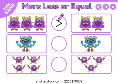 Math educational game Choose more, less or equal. Learning counting and algebra kids activity. Vector illustration of cartoon monsters.