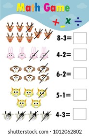 Math educational game .Counting equations. subtraction worksheet for children