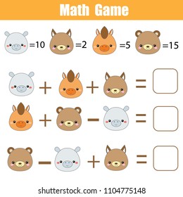 Math educational game. Counting equations. Mathematics worksheet for children with cute animals faces