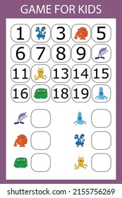 Math educational game for kids. Fill in the line, write the missing numbers