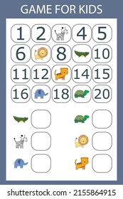 Math educational game for kids. Fill in the line, write the missing numbers