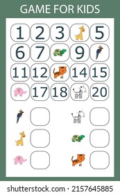 Math educational game for kids. Fill in the line, write the missing numbers