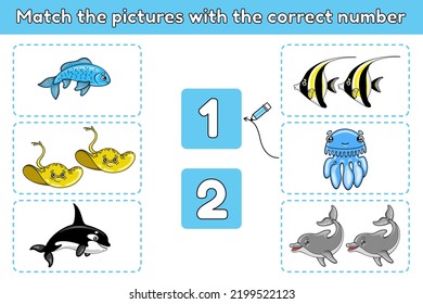 Juego educativo de matemáticas para niños. Coincida con el número correcto. Ilustración vectorial de los animales marinos de dibujos animados.