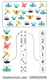 Math educational game for kids. Math worksheet for children with colorful insects, butterflies, beetles, flowers. Vector, cartoon style.