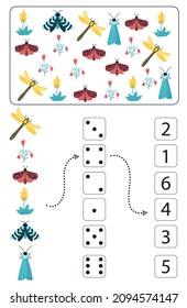 Math educational game for kids. Math worksheet for children with colorful insects, butterflies, beetles, flowers. Vector, cartoon style.