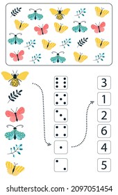 Math educational game for kids. Math worksheet for children with colorful insects, butterflies, beetles, flowers. Vector, cartoon style.