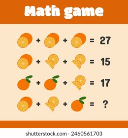 Math educational game with oranges for children. Logical thinking, vector illustration
