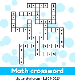 Math Educational Game For Preschool And School Age Children. Vector Illustration. Solve The Crossword. Numbers. Addition And Subtraction. Puzzle Page.