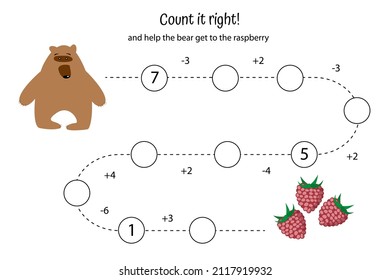 Math educational game for preschoolers. help bear to reach raspberry, walk path. Addition, subtraction to ten. Worksheet for children. Vector