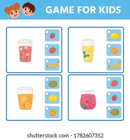Math educational Game tasks for kids for attention. Worksheet with cartoon fruits and glasses with juice. Working pages for children. Vector illustration