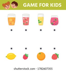 Math educational Game tasks for kids for attention. Worksheet with cartoon fruits and glasses with juice. Working pages for children. Vector illustration