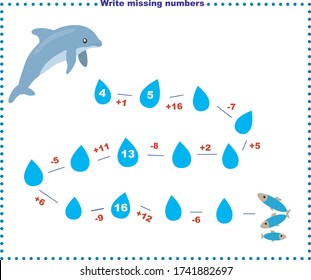 Math educational games for children. Fill in the line, write the missing numbers. Solve the equation and help the dolphin find a fish. mathematical activity for preschoolers and toddlers
