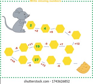  Juegos educativos matemáticos para niños. Rellene la línea, escriba los números que faltan. Resuelva la ecuación y ayude al ratón a encontrar el queso. actividad matemática para preescolares y niños pequeños