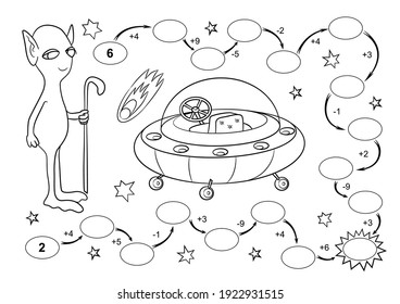 Math educational games for children. Fill in the line, write the missing numbers. Mathematical activity for preschoolers and toddlers. Aliens coloring page. Monster outline