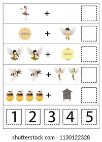 Math educational honey game for children. Matching mathematics activity with apiary. Counting game for kids. Vector Illustration. 