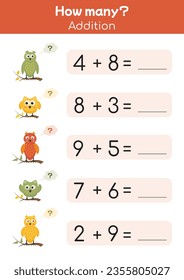 Mathematikunterricht wie viele Aktivitäten für Kinder. Lernaddition, Subtraktion. druckbare Arbeitsblattaktivität in der Vorschule, zählen und schreiben Sie das Ergebnis. Arbeitsblätter erster Klasse. Lehrerressourcen.