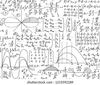 Math educational scientific vector seamless pattern with handwritten geometry figures, algebra calculations and equations