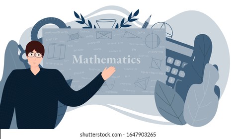 Math educational vector illustration. Geometry figures and algebra formulas, University professor, school teacher. Learn mathematics. Lessons