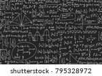 Math educational vector seamless pattern with handwritten geometry figures, calculations and equations, "handwritten with chalk on grey blackboard" effect