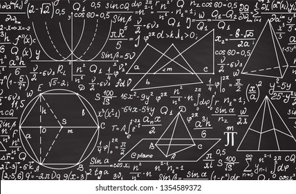 Math educational vector seamless pattern with handwritten algebra calculations, geometry figures, formulas, tasks and equations, "handwritten with chalk on a grey blackboard"