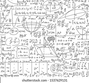 Math educational vector seamless pattern with handwritten formulas, figures, calculations