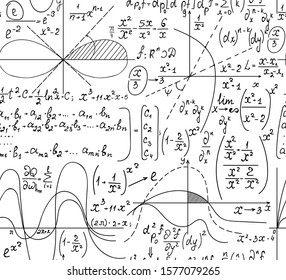 Math educational vector seamless pattern with handwritten mathematical and physical formulas, calculations, task solutions