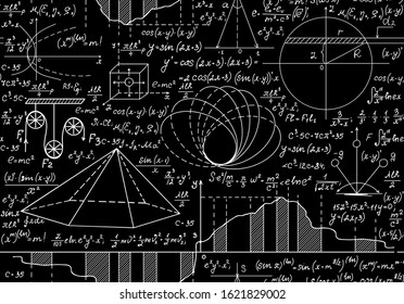 Math educational vector seamless pattern with handwritten geometry figures, calculations and equations, "handwritten with chalk on a school blackboard"