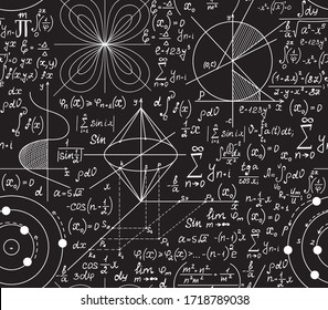 Math educational vector seamless pattern with formulas, figures and equations, handwritten with chalk on a grey blackboard