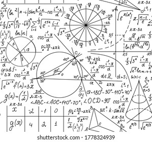 Math educational vector seamless pattern with handwritten formulas, figures, calculations