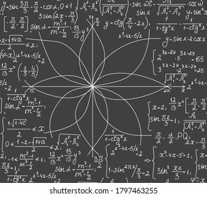 Math educational vector seamless pattern with formulas, figures and equations, handwritten with chalk on a grey blackboard
