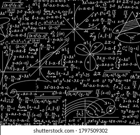 Math educational vector seamless pattern with formulas, figures and equations, handwritten with chalk on a grey blackboard