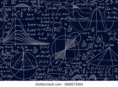 Math educational vector seamless pattern with geometry figures, calculations and equations handwritten on blue paper