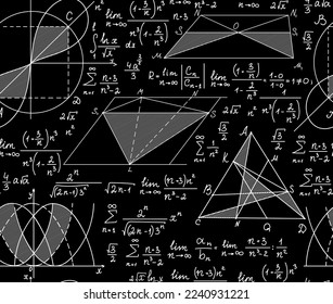 Math educational vector seamless pattern with handwritten formulas, figures, plots, "chalk on blackboard" effect