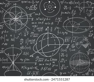 Math educational vector seamless pattern with handwritten figures, calculations and equations, "handwritten with chalk on grey blackboard" effect