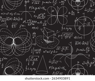 Math educational vector seamless pattern with handwritten mathematical formulas, equations and algebra and geometry figures