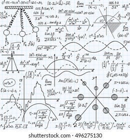 Math educational vector seamless pattern with formulas, calculations, and equations, handwritten on grid copybook paper