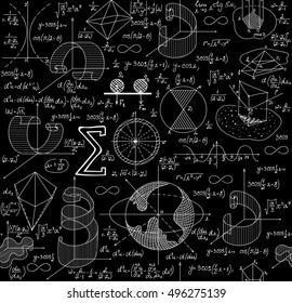 Math educational vector seamless pattern with formulas, calculations, and equations, handwritten on grid copybook paper